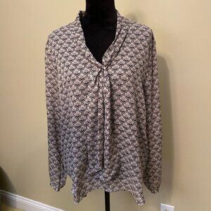Loft V Neck Tie Blouse Beige/Black Print XL NWT